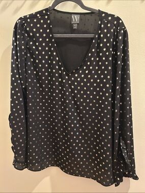 Worthington Black V-Neck Blouse with Pale Dot Print